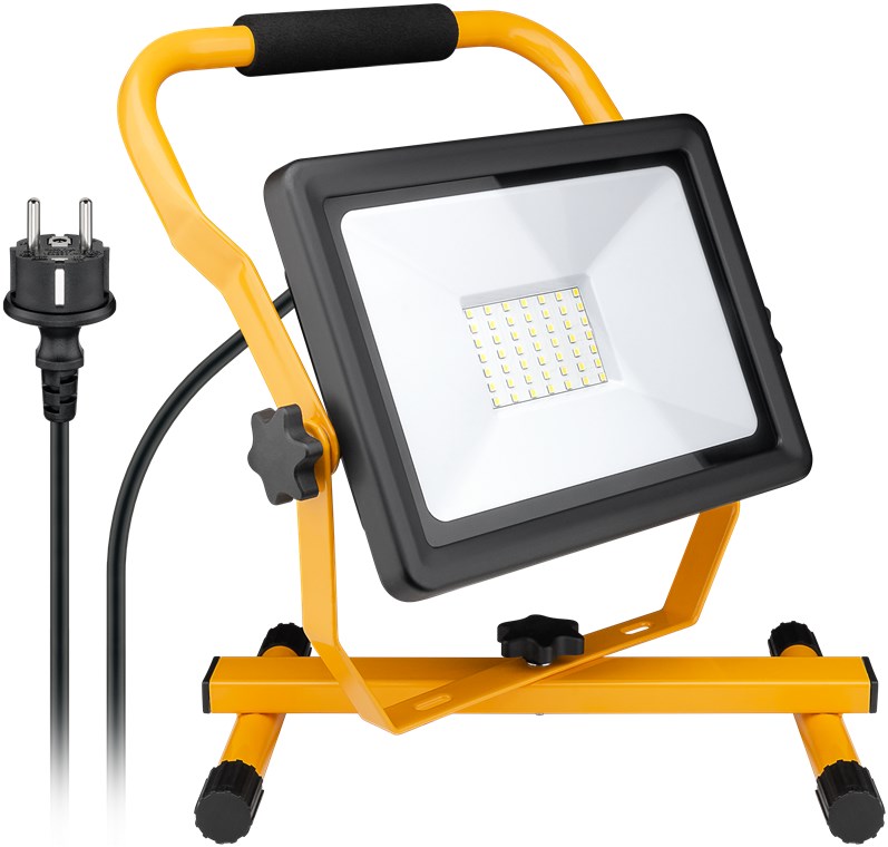 LED-Baustrahler mit Standfuß, 50 W, Schwarz-Gelb, 1.5 m - mit 4.000 lm und kalt-weißem Licht (6500 K), für den Innen- & Außeneinsatz geeignet (IP65)