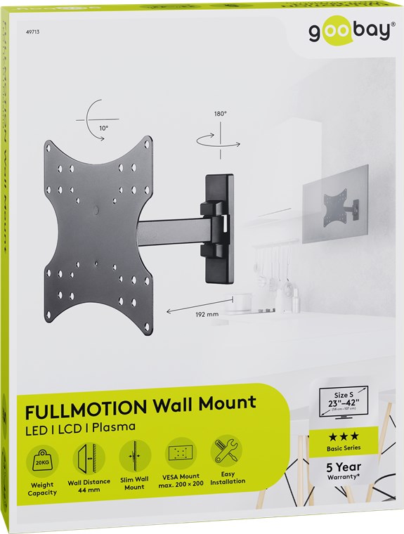 Basic TV-Wandhalterung Basic FULLMOTION (S), Schwarz - für Fernseher von 23'' bis 42'' (58-107cm) , vollbeweglich (schwenkbar und neigbar) bis 20kg
